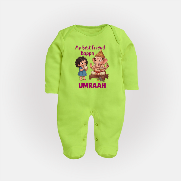 My Best Friend Bappa Cute Ganesha Printed Fullbody Suit - LIME GREEN - New Born (Chest 7.5")