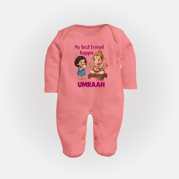 My Best Friend Bappa Cute Ganesha Printed Fullbody Suit - PEACH - New Born (Chest 7.5")