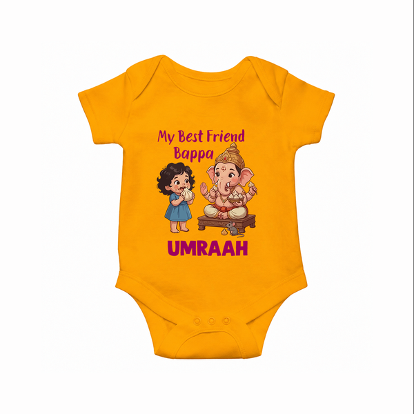 My Best Friend Bappa Cute Ganesha Printed Romper - CHROME YELLOW - New Born (Chest 14")