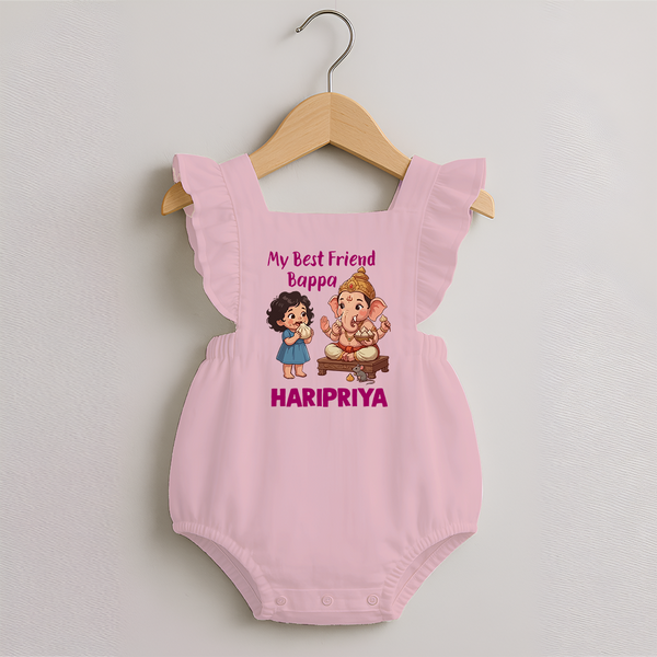 My Best Friend Bappa Cute Ganesha Printed Romper Frock - BABY PINK - 0 - 3 Months Old (Chest 19")