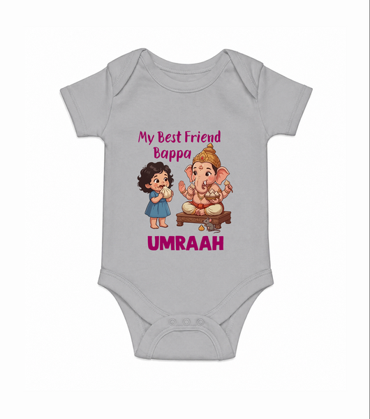 My Best Friend Bappa Cute Ganesha Printed Romper - GREY - New Born (Chest 14")