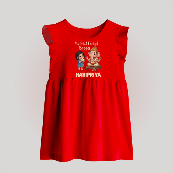 My Best Friend Bappa Cute Ganesha Printed Baby Frock - RED - 0 - 3 Months Old (Chest 17")
