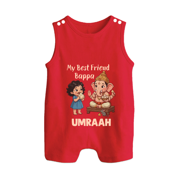 My Best Friend Bappa Cute Ganesha Printed Button Romper - RED - New Born (Chest 18")