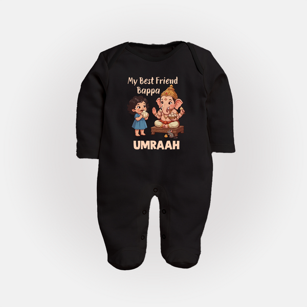 My Best Friend Bappa Cute Ganesha Printed Fullbody Suit - BLACK - New Born (Chest 7.5")