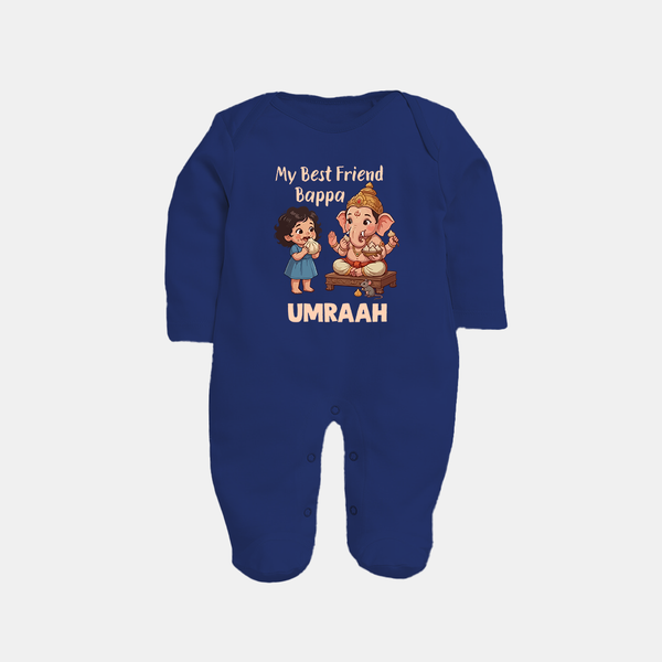My Best Friend Bappa Cute Ganesha Printed Fullbody Suit - NAVY BLUE - New Born (Chest 7.5")