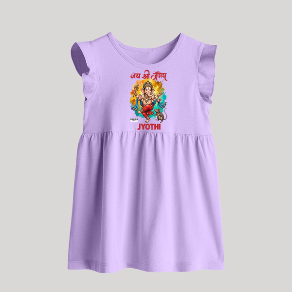 Traditional Ganesh Celebration Artistic Printed Baby Frock - LILAC - 0 - 3 Months Old (Chest 17")