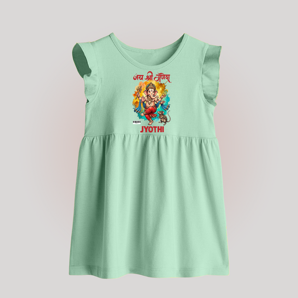 Traditional Ganesh Celebration Artistic Printed Baby Frock - MINT GREEN - 0 - 3 Months Old (Chest 17")