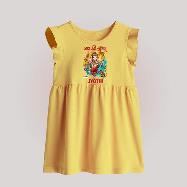 Traditional Ganesh Celebration Artistic Printed Baby Frock - PASTEL YELLOW - 0 - 3 Months Old (Chest 17")