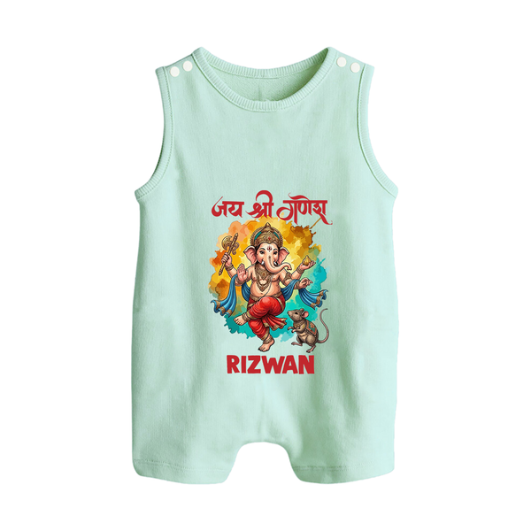 Traditional Ganesh Celebration Artistic Printed Button Romper - MINT GREEN - New Born (Chest 18")