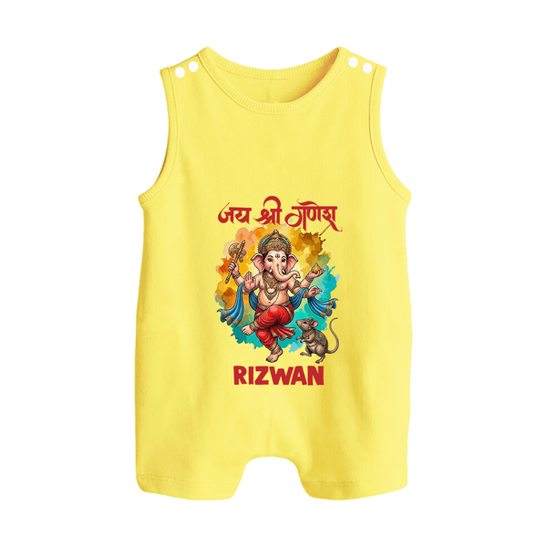 Traditional Ganesh Celebration Artistic Printed Button Romper - PASTEL YELLOW - New Born (Chest 18")