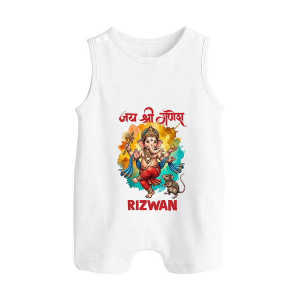 Traditional Ganesh Celebration Artistic Printed Button Romper - WHITE - New Born (Chest 18")