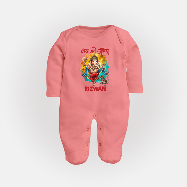 Traditional Ganesh Celebration Artistic Printed Fullbody Suit - PEACH - New Born (Chest 7.5")