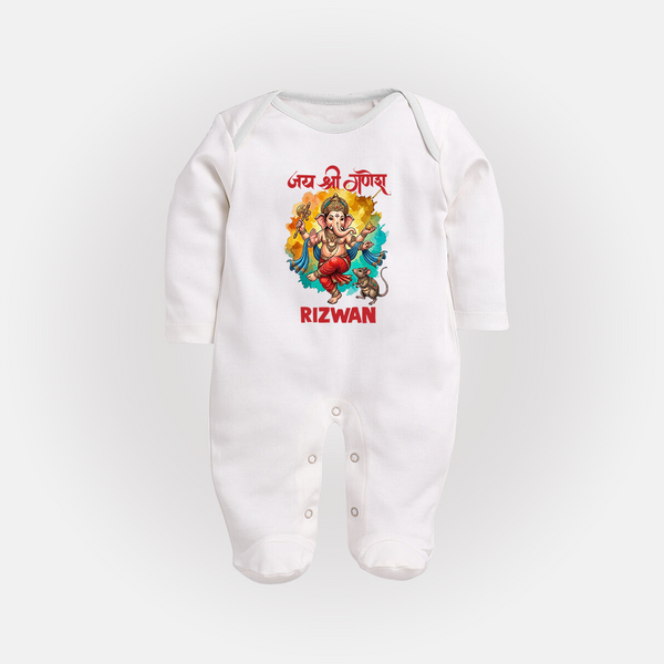 Traditional Ganesh Celebration Artistic Printed Fullbody Suit - WHITE - New Born (Chest 7.5")