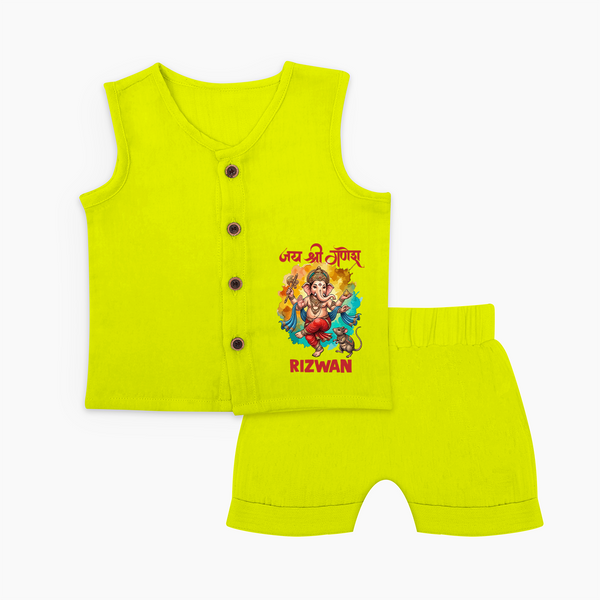 Traditional Ganesh Celebration Artistic Printed Jabla Set - LIME GREEN - 0 - 3 Months Old (Chest 9.8")