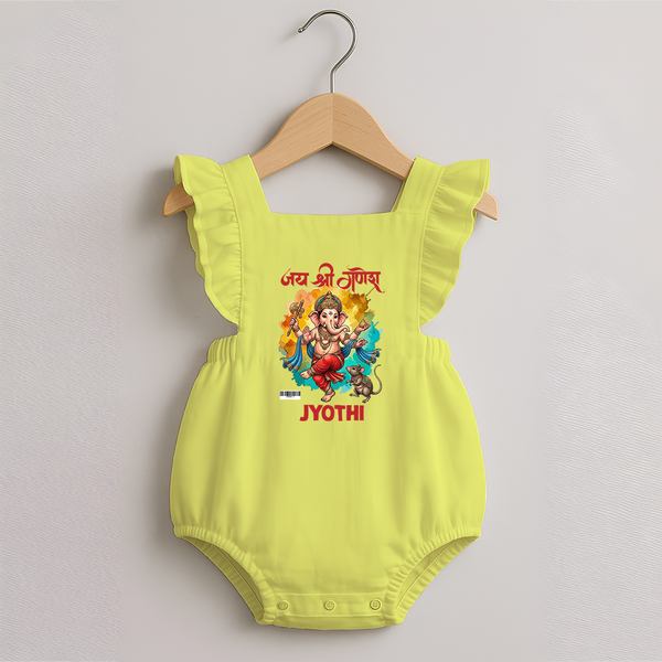Traditional Ganesh Celebration Artistic Printed Romper Frock - PASTEL YELLOW - 0 - 3 Months Old (Chest 19")