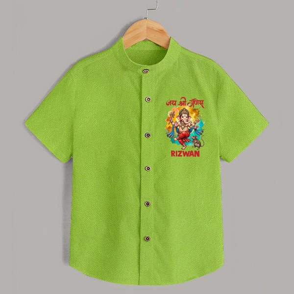 Traditional Ganesh Celebration Artistic Printed Shirt - LIME GREEN - 0 - 6 Months Old (Chest 23")