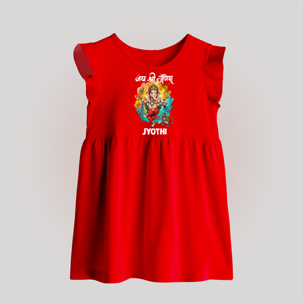 Traditional Ganesh Celebration Artistic Printed Baby Frock - RED - 0 - 3 Months Old (Chest 17")