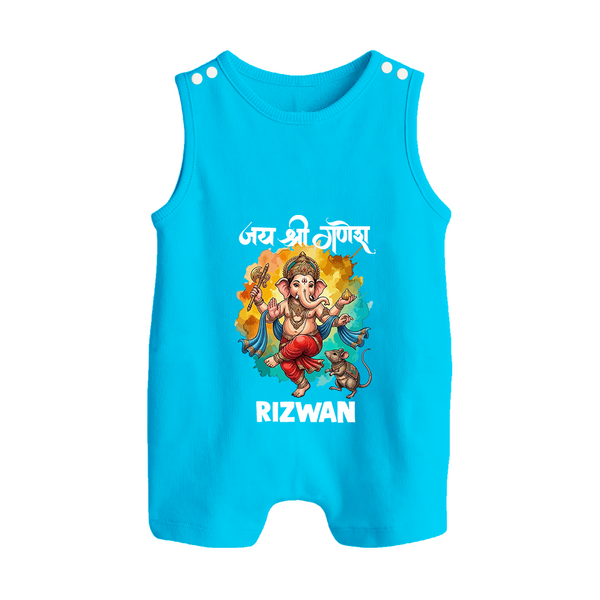 Traditional Ganesh Celebration Artistic Printed Button Romper - SKY BLUE - New Born (Chest 18")