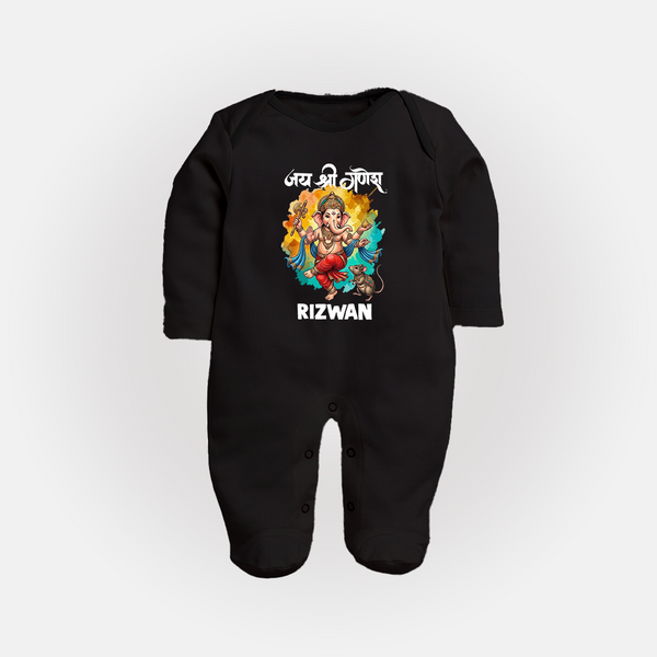 Traditional Ganesh Celebration Artistic Printed Fullbody Suit - BLACK - New Born (Chest 7.5")