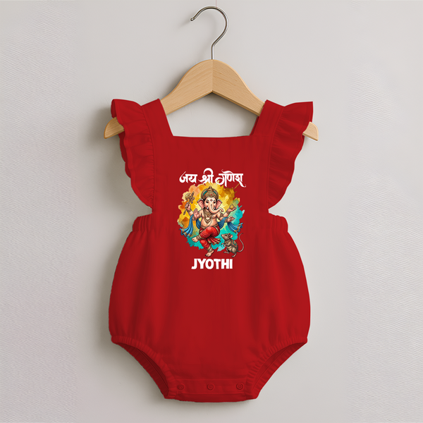 Traditional Ganesh Celebration Artistic Printed Romper Frock - RED - 0 - 3 Months Old (Chest 19")