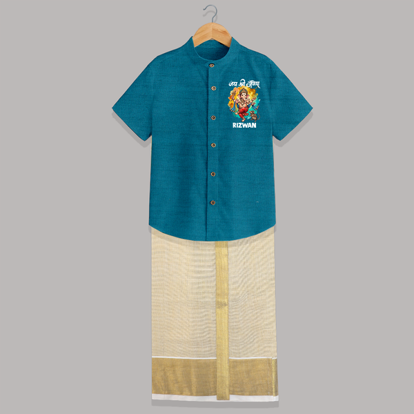 Jai Shri Ganesh Festive Celebration Printed Shirt and Dhoti - PEACOCK BLUE - 0 - 6 Months Old (Chest-23") (Dhoti length-14")