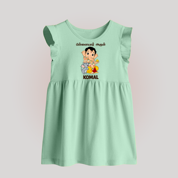 Cute Bal Ganesha Blessings Printed Baby Frock - MINT GREEN - 0 - 3 Months Old (Chest 17")
