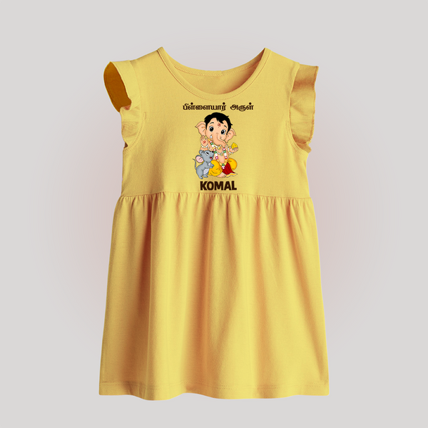 Cute Bal Ganesha Blessings Printed Baby Frock - PASTEL YELLOW - 0 - 3 Months Old (Chest 17")