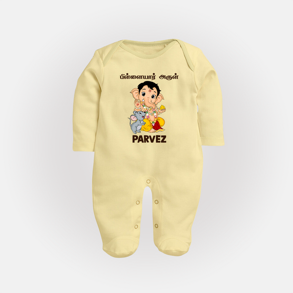 Cute Bal Ganesha Blessings Printed Fullbody Suit - PASTEL YELLOW - New Born (Chest 7.5")