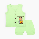 Cute Bal Ganesha Blessings Printed Jabla Set - PASTEL GREEN - 0 - 3 Months Old (Chest 9.8")