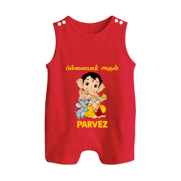 Cute Bal Ganesha Blessings Printed Button Romper - RED - New Born (Chest 18")
