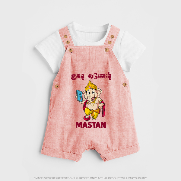 Little Ganesha Devotional Charm Printed Dungaree - PEACH - 0 - 5 Months Old (Chest 18")