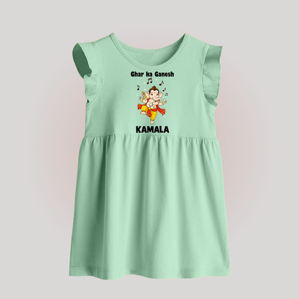 Dancing Ganesha Festive Vibes Printed Baby Frock - MINT GREEN - 0 - 3 Months Old (Chest 17")