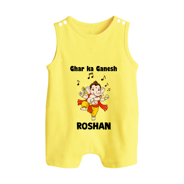 Dancing Ganesha Festive Vibes Printed Button Romper - PASTEL YELLOW - New Born (Chest 18")