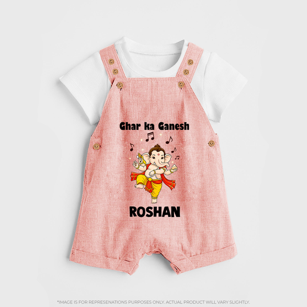 Dancing Ganesha Festive Vibes Printed Dungaree - PEACH - 0 - 5 Months Old (Chest 18")