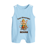 Cute Vinayagar Divine Ride Printed Button Romper - BABY BLUE - New Born (Chest 18")