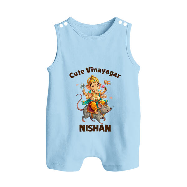 Cute Vinayagar Divine Ride Printed Button Romper - BABY BLUE - New Born (Chest 18")