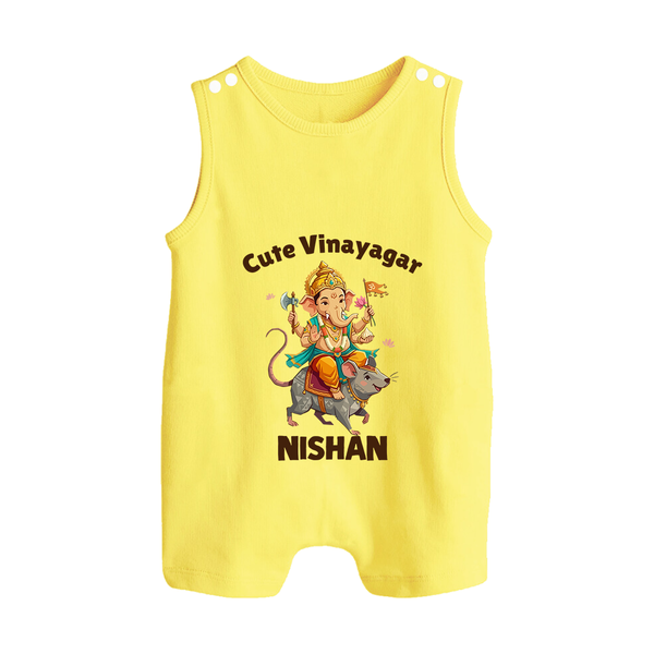 Cute Vinayagar Divine Ride Printed Button Romper - PASTEL YELLOW - New Born (Chest 18")