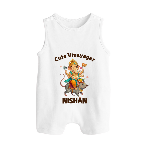 Cute Vinayagar Divine Ride Printed Button Romper - WHITE - New Born (Chest 18")