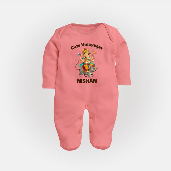 Cute Vinayagar Divine Ride Printed Fullbody Suit - PEACH - New Born (Chest 7.5")