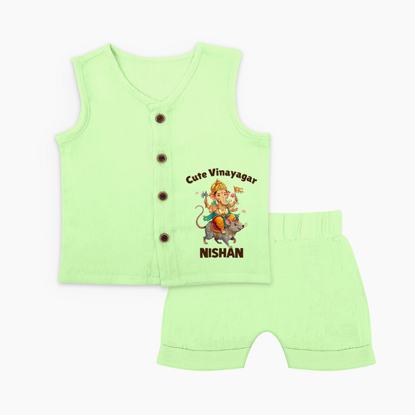 Cute Vinayagar Divine Ride Printed Jabla Set - PASTEL GREEN - 0 - 3 Months Old (Chest 9.8")