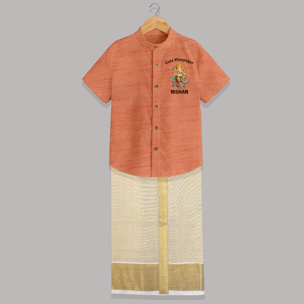 Cute Vinayagar Fun Ride Printed Shirt and Dhoti - ORANGE - 0 - 6 Months Old (Chest-23") (Dhoti length-14")