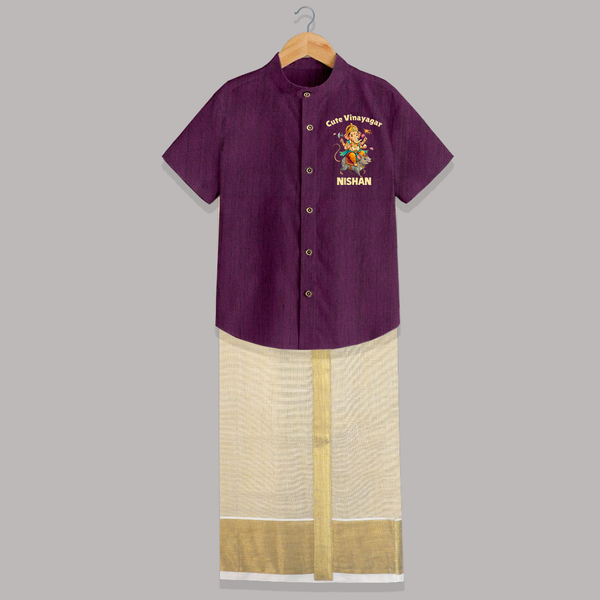 Cute Vinayagar Fun Ride Printed Shirt and Dhoti - GRAPE - 0 - 6 Months Old (Chest-23") (Dhoti length-14")
