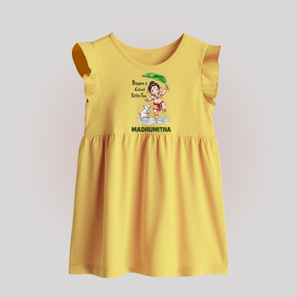 Bappa's Little Fan Ganesha Celebration Printed Baby Frock - PASTEL YELLOW - 0 - 3 Months Old (Chest 17")