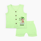 Bappa's Little Fan Ganesha Celebration Printed Jabla Set - PASTEL GREEN - 0 - 3 Months Old (Chest 9.8")