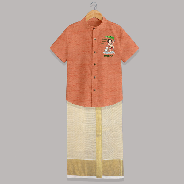 Little Ganesha Playful Blessings Printed Shirt and Dhoti - ORANGE - 0 - 6 Months Old (Chest-23") (Dhoti length-14")