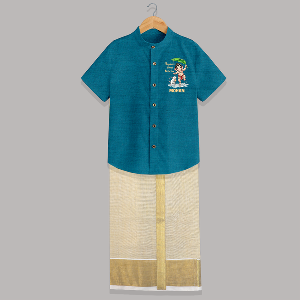 Little Ganesha Playful Blessings Printed Shirt and Dhoti - PEACOCK BLUE - 0 - 6 Months Old (Chest-23") (Dhoti length-14")
