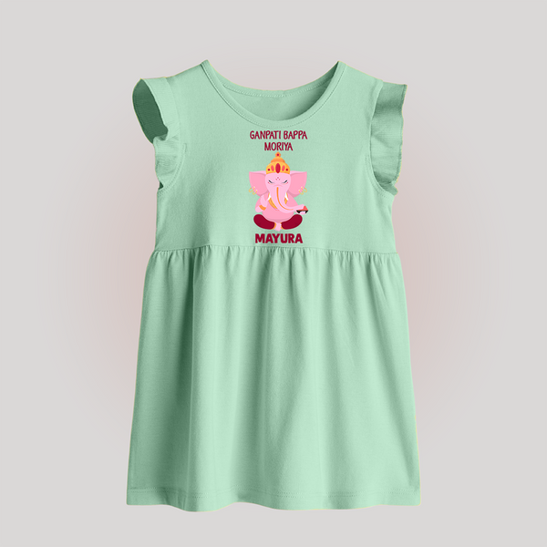 Ganpati Bappa Morya Festive Blessings Printed Baby Frock - MINT GREEN - 0 - 3 Months Old (Chest 17")
