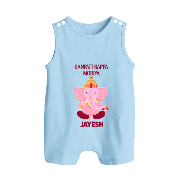 Ganpati Bappa Morya Festive Blessings Printed Button Romper - BABY BLUE - New Born (Chest 18")