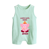 Ganpati Bappa Morya Festive Blessings Printed Button Romper - MINT GREEN - New Born (Chest 18")