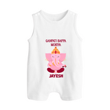 Ganpati Bappa Morya Festive Blessings Printed Button Romper - WHITE - New Born (Chest 18")